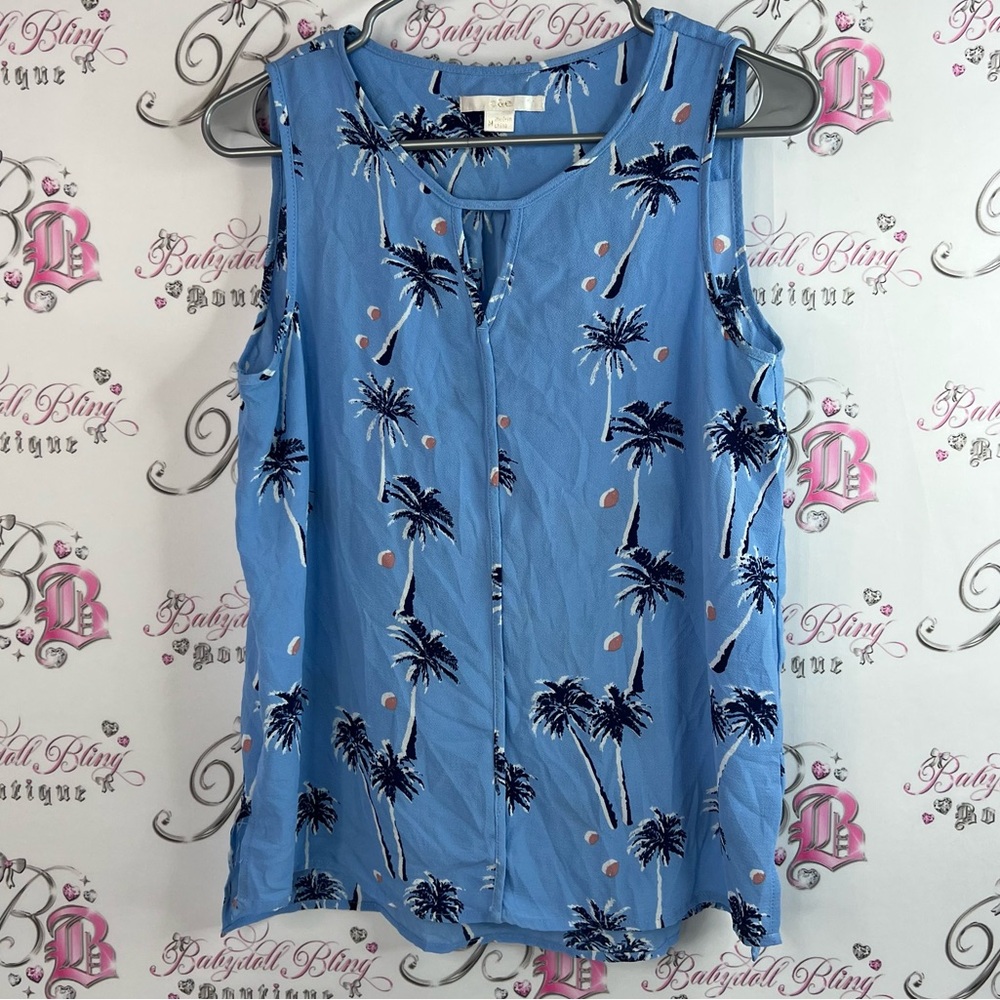 C & E tank top palm trees Tropical Blue Sleeveless Blouse Palm Print navy white